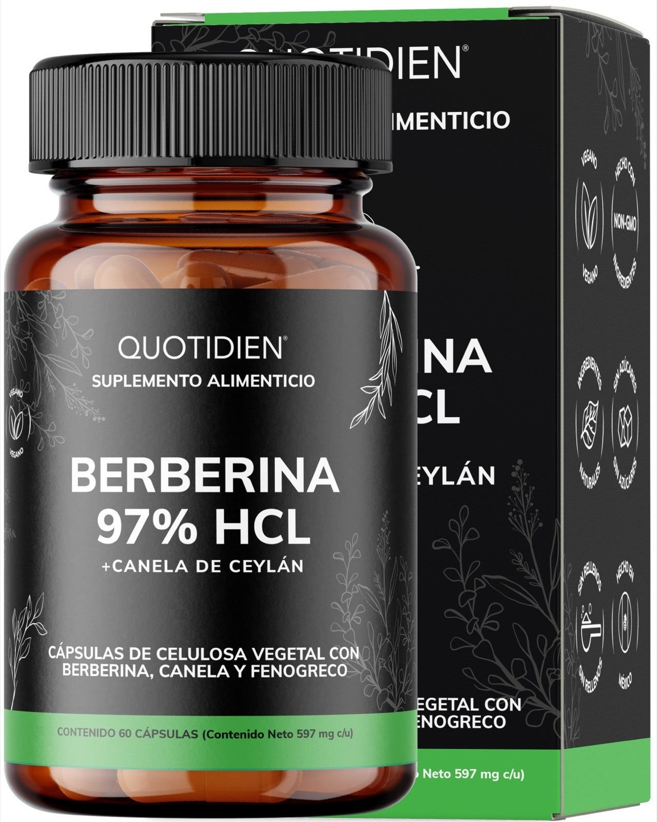 Quotidien Berberina HCL 97% (Berberine) with Canela, Fenogreco & Turmeric 95% - 60 Capsules Veganas