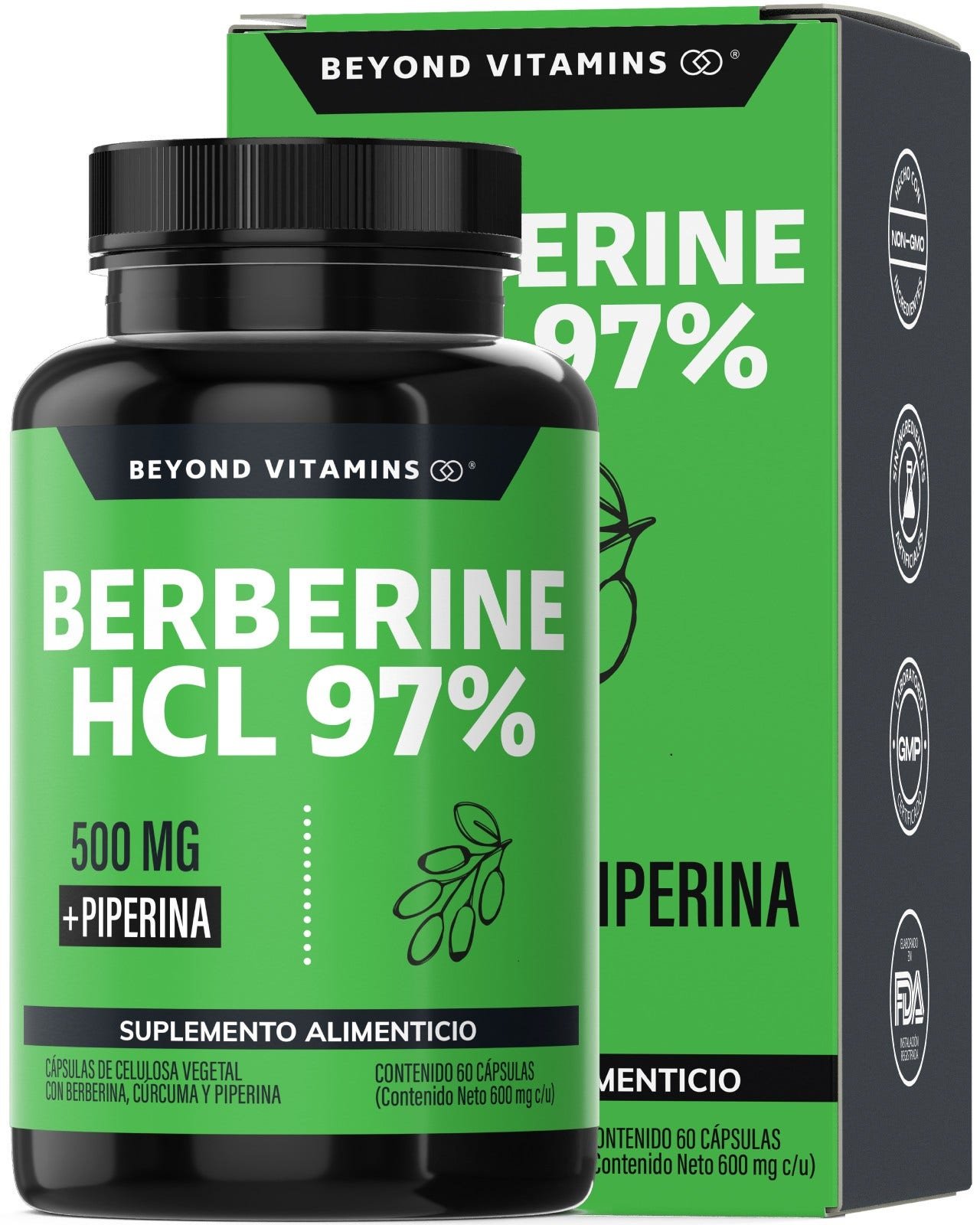 Beyond Vitamins Berberine HCL 97% 500mg Berberina Clorhidrato with Piperine 95% and Turmeric, 60 Capsules